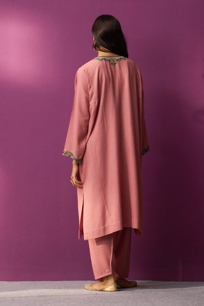 Woollen Pheran Set/Aari - French Rose OG + Jaal boota