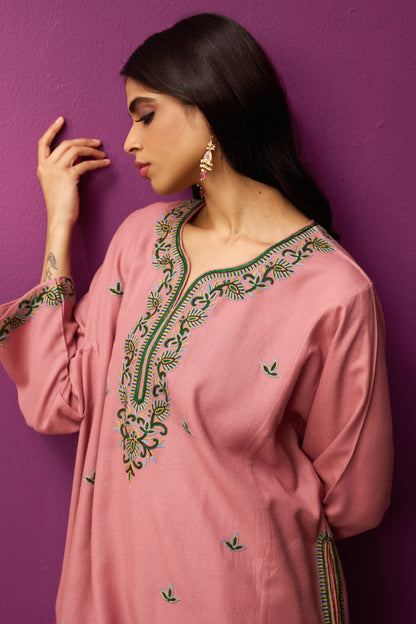 Woollen Pheran Set/Aari - French Rose OG + Jaal boota