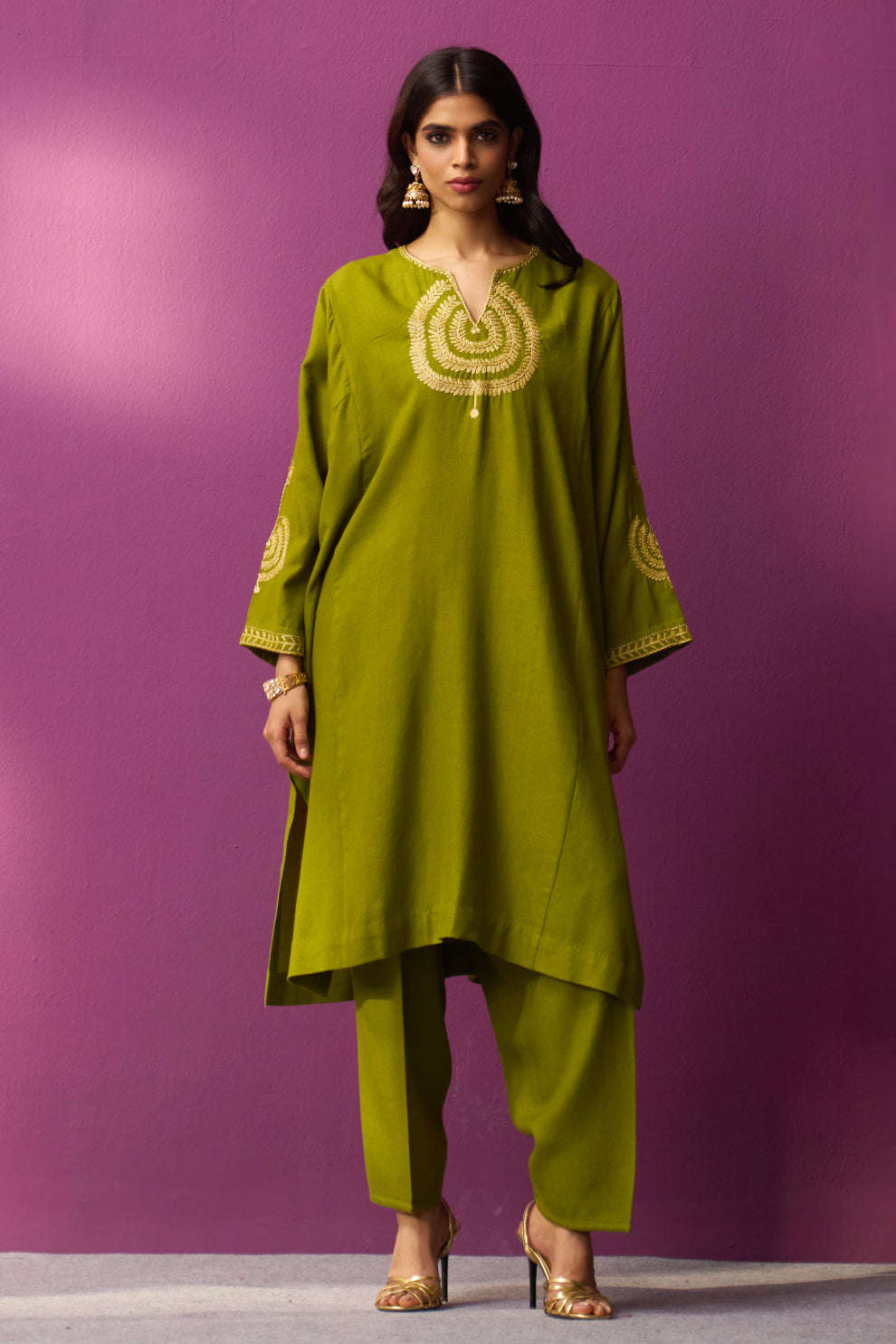 Woollen Pheran Set/Tilla - Green Oasis