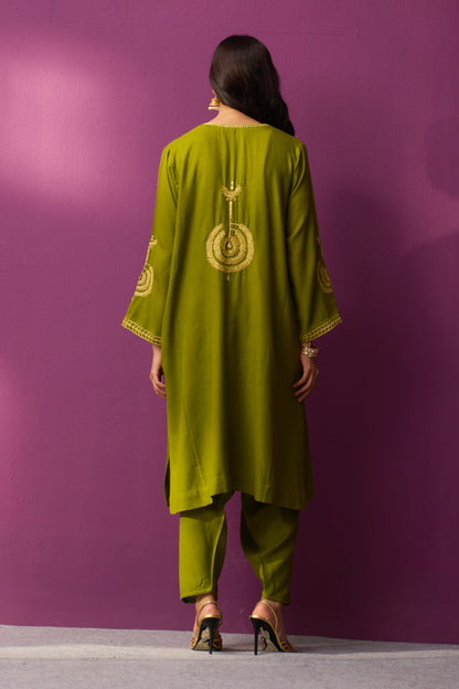 Woollen Pheran Set/Tilla - Green Oasis