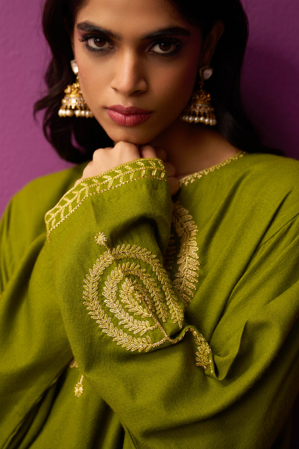 Woollen Pheran Set/Tilla - Green Oasis