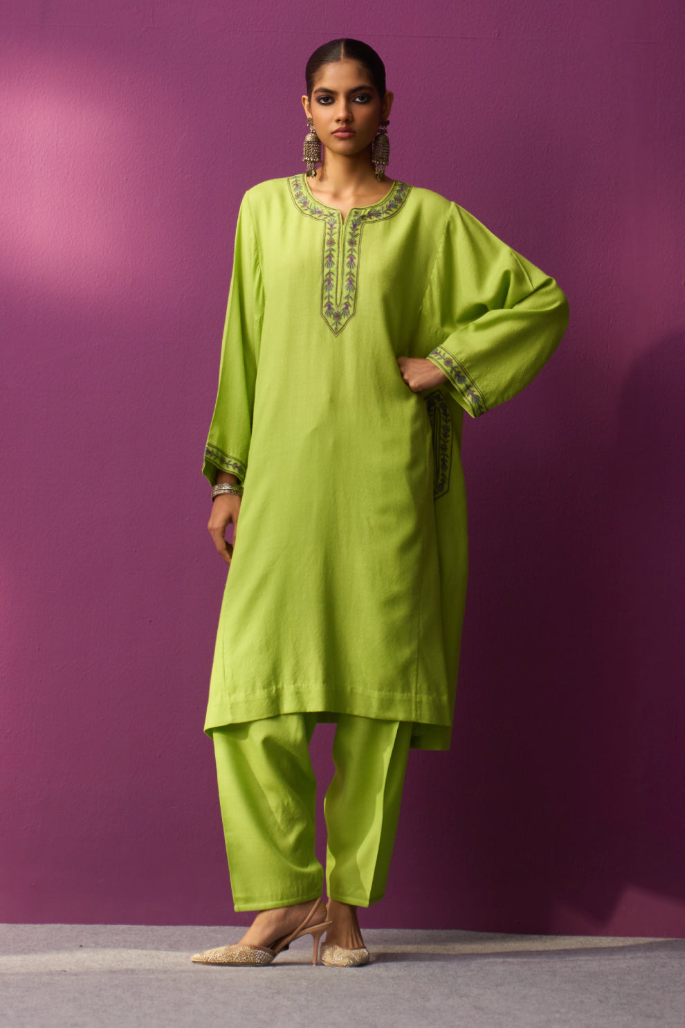 Woolen Lime Green Aari Pheran set