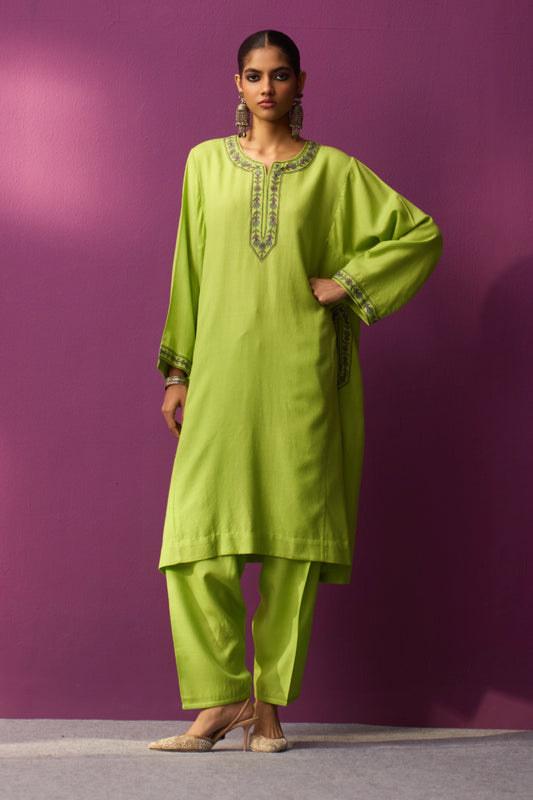 Woolen Lime Green Aari Pheran set