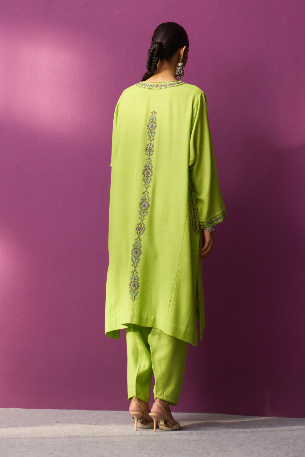 Woolen Lime Green Aari Pheran set