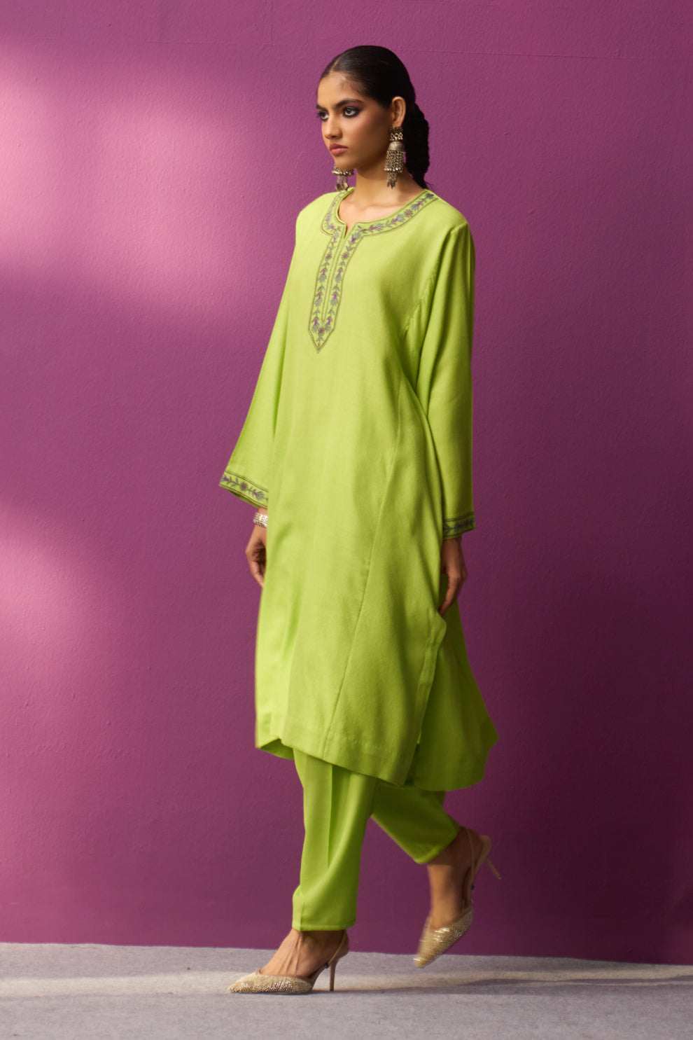 Woolen Lime Green Aari Pheran set