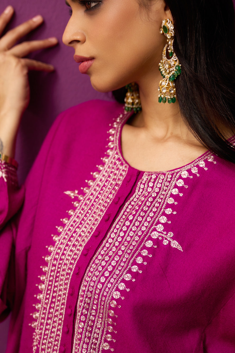 Woollen Pheran Set/Tilla - Magenta