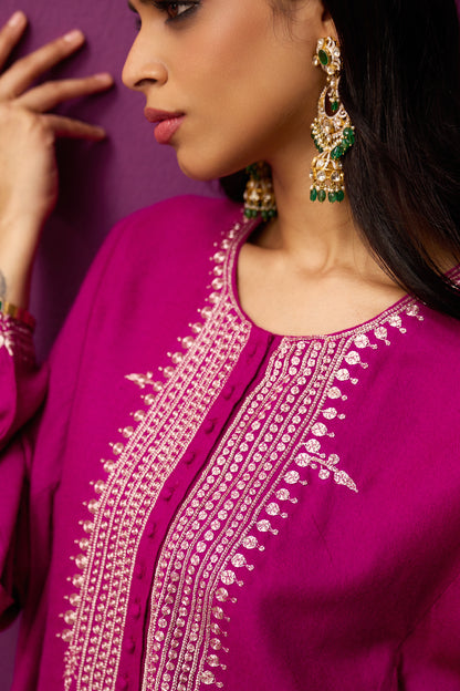 Woollen Pheran Set/Tilla - Magenta