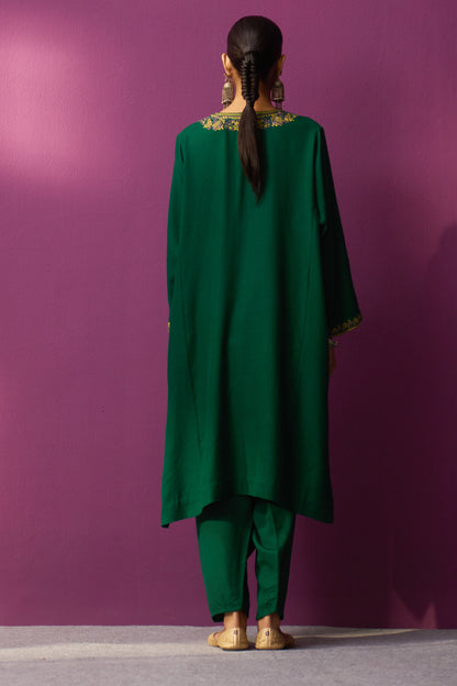 Woollen Pheran Set/Aari - Quetzal green + Long Neck