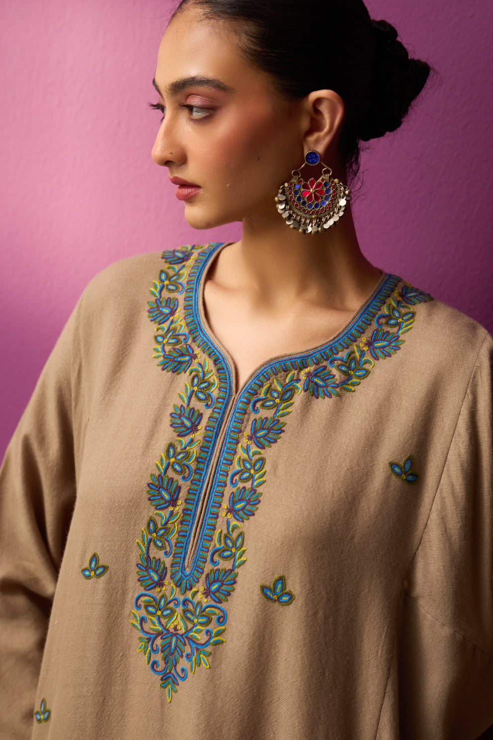 Woollen Pheran Set/Aari - Sesame + Jaal Boota