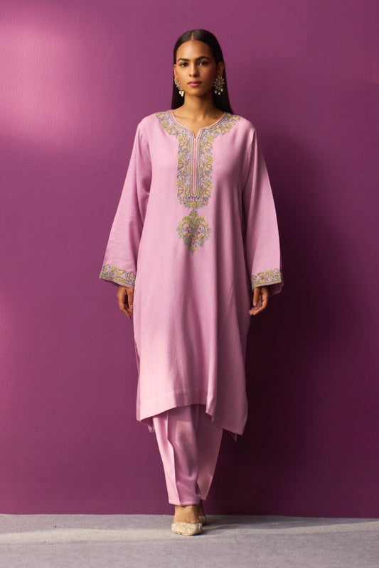 Woollen Pheran Set/Aari - Smoky Grape + Long Neck