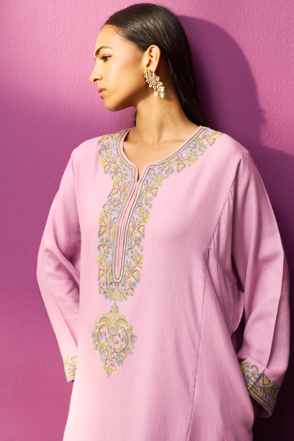 Woollen Pheran Set/Aari - Smoky Grape + Long Neck