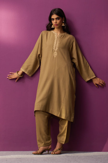 Woollen Pheran Set/Tilla - Dune