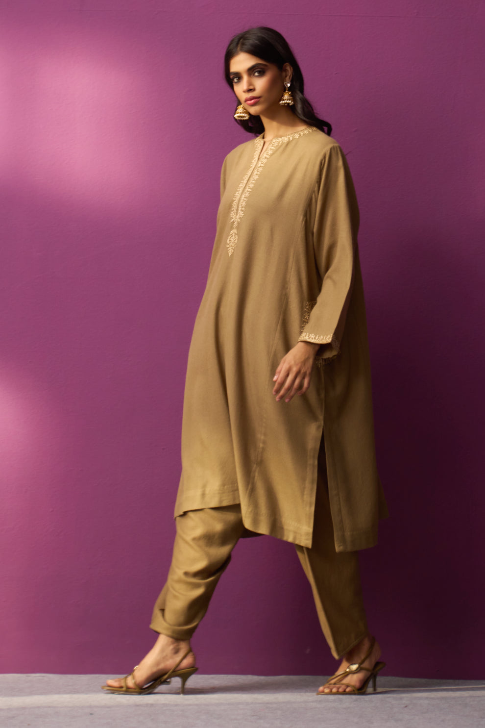 Woollen Pheran Set/Tilla - Dune