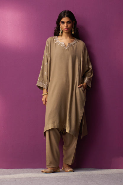 Woollen Pheran Set/Tilla - Khakhi