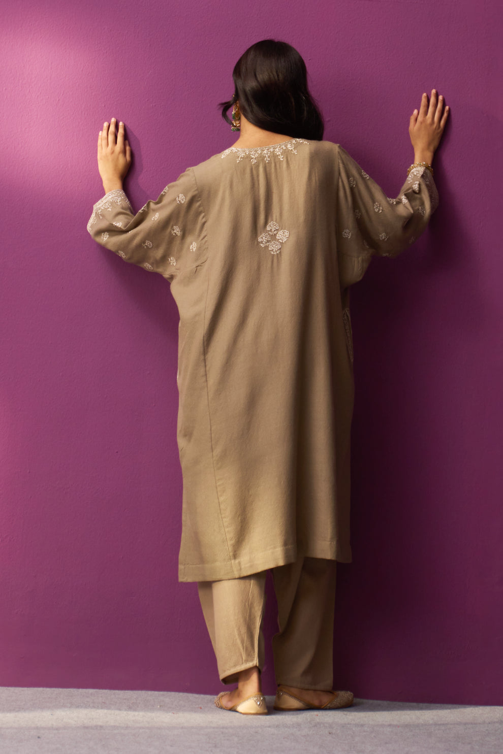 Woollen Pheran Set/Tilla - Khakhi