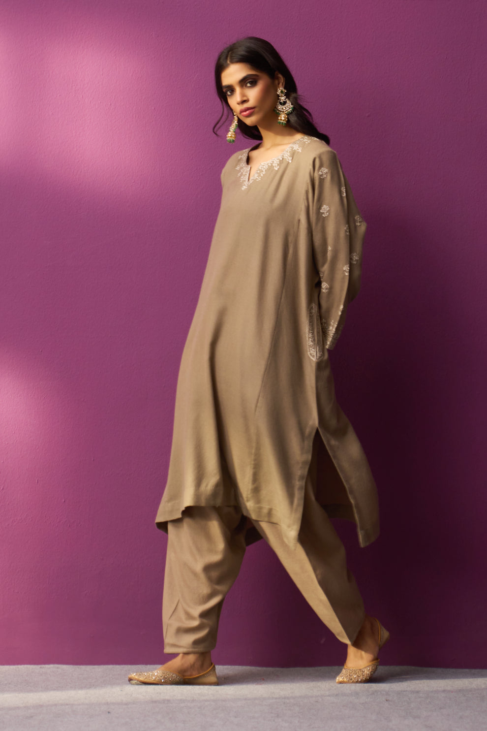 Woollen Pheran Set/Tilla - Khakhi