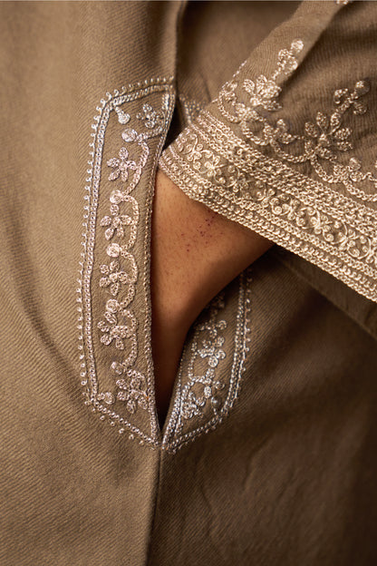 Woollen Pheran Set/Tilla - Khakhi